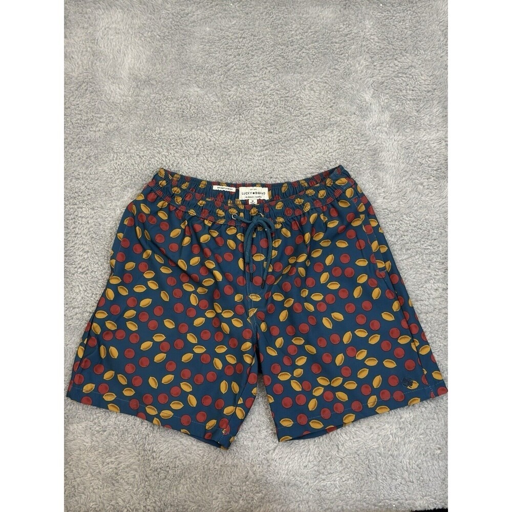 Lucky Brand Mens Saturday Stretch Swim Trunks Teal Fruit Lemon Cherry Print M